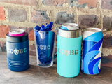 Stainless steel double walled personalized can coolers.  etched pint glass.